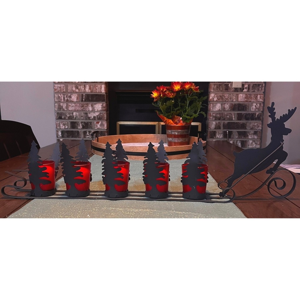 Vintage Metal Reindeer and Sleigh with Ruby Red Votive Tea Light Centerpiece